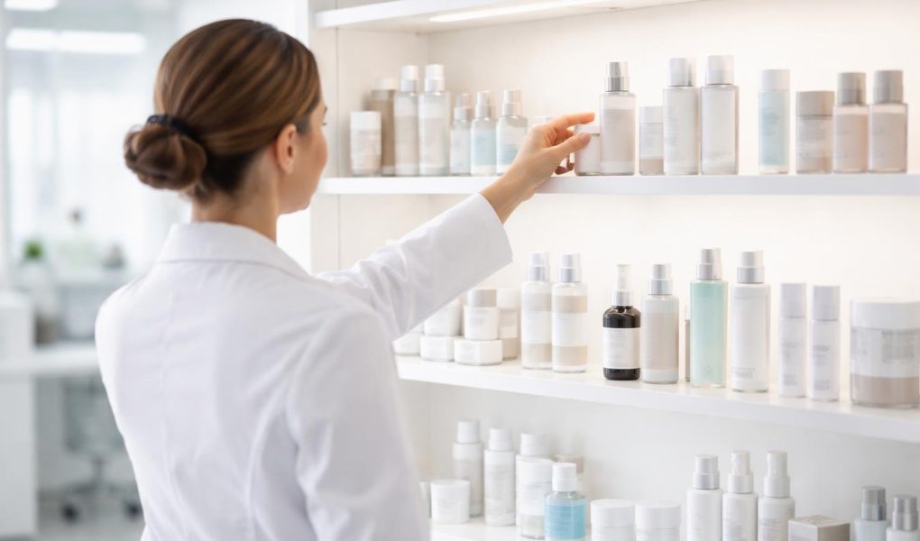 dermatologue-blouse-produits-soins-etagere