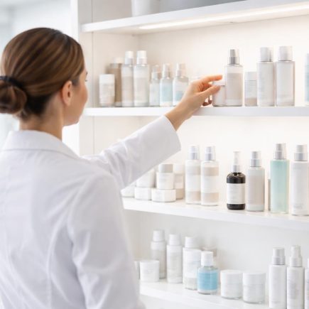 dermatologue-blouse-produits-soins-etagere