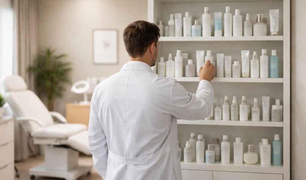 dermatologue-blouse-produits-soins-etagere