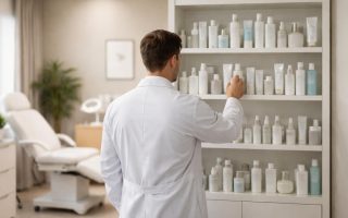 dermatologue-blouse-produits-soins-etagere