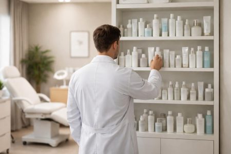 dermatologue-blouse-produits-soins-etagere