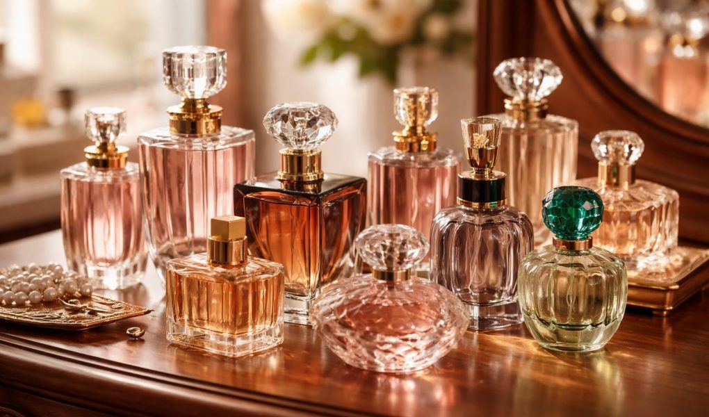 flacons-parfum-varies-coiffeuse-bois