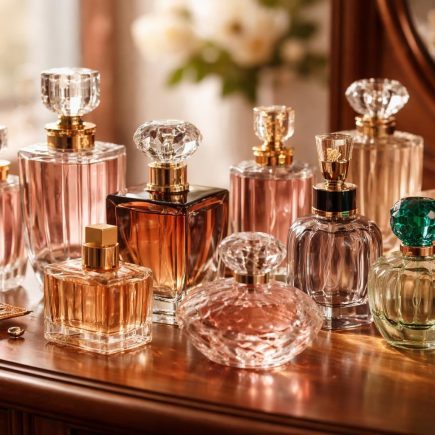 flacons-parfum-varies-coiffeuse-bois