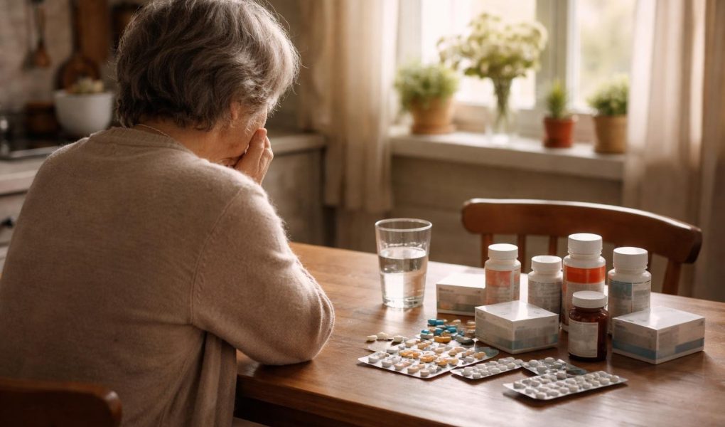 personne-table-boites-medicaments-verre