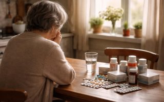 personne-table-boites-medicaments-verre