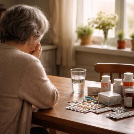 personne-table-boites-medicaments-verre