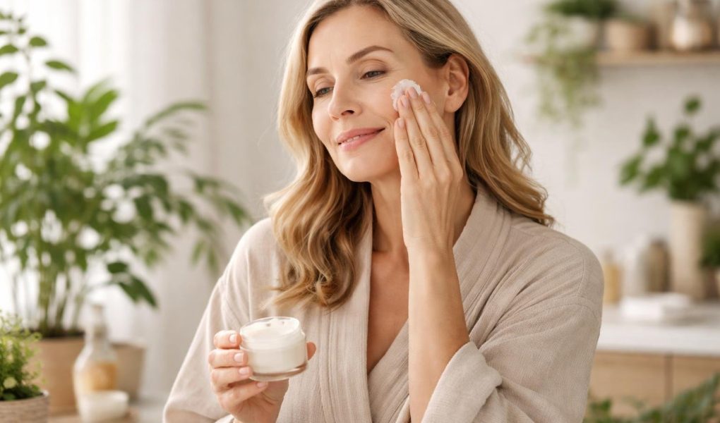 femme-creme-visage-plantes-verte