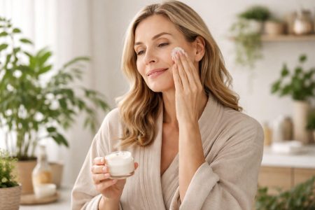 femme-creme-visage-plantes-verte