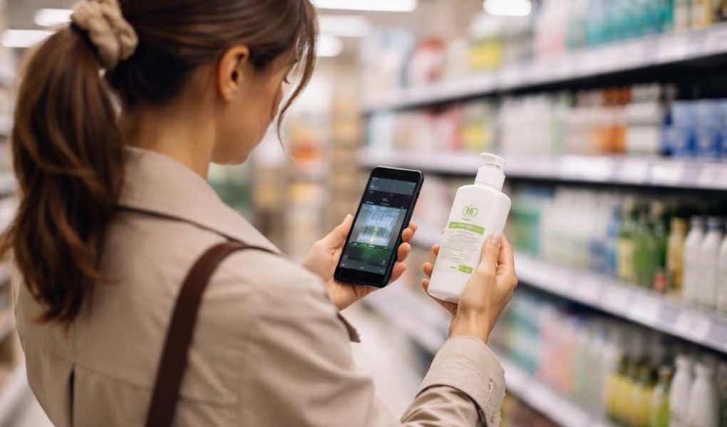 femme-supermarche-cosmetique-bio-smartphone