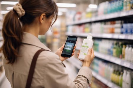 femme-supermarche-cosmetique-bio-smartphone