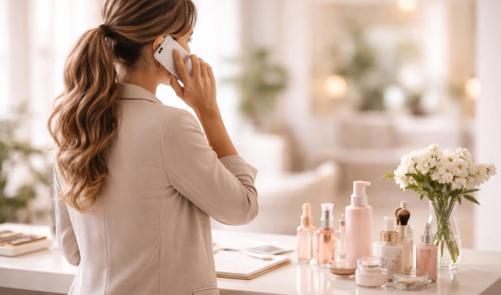 femme-telephone-produits-beaute-bureau