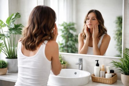 personne-dos-miroir-salle-bain-plantes