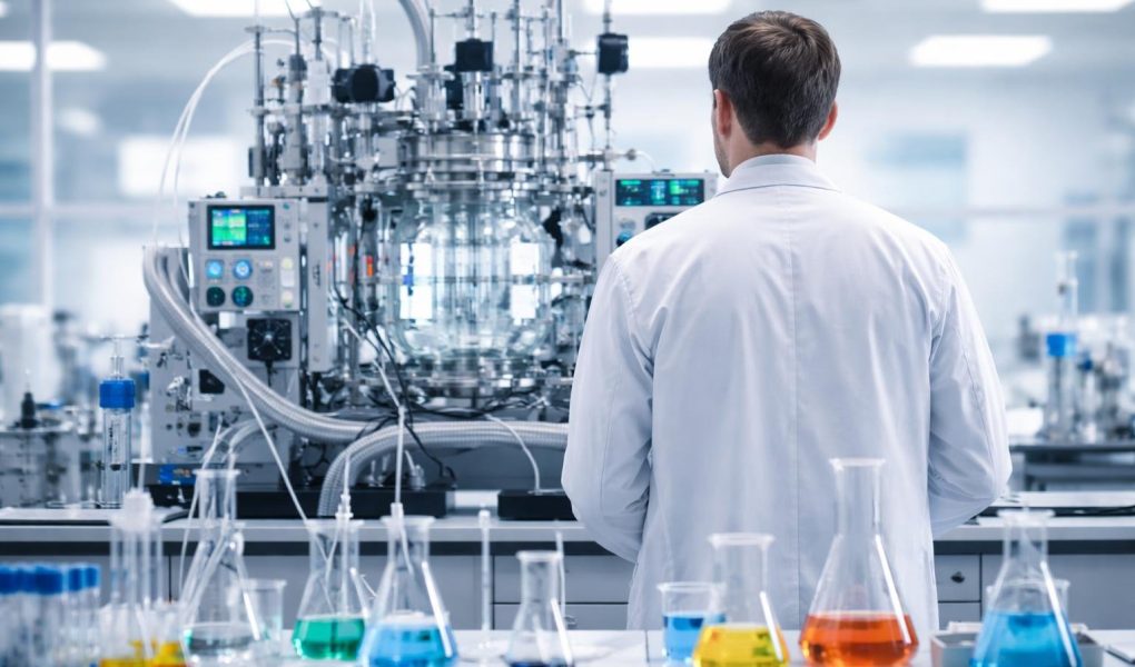 scientifique-blouse-equipement-laboratoire-fioles