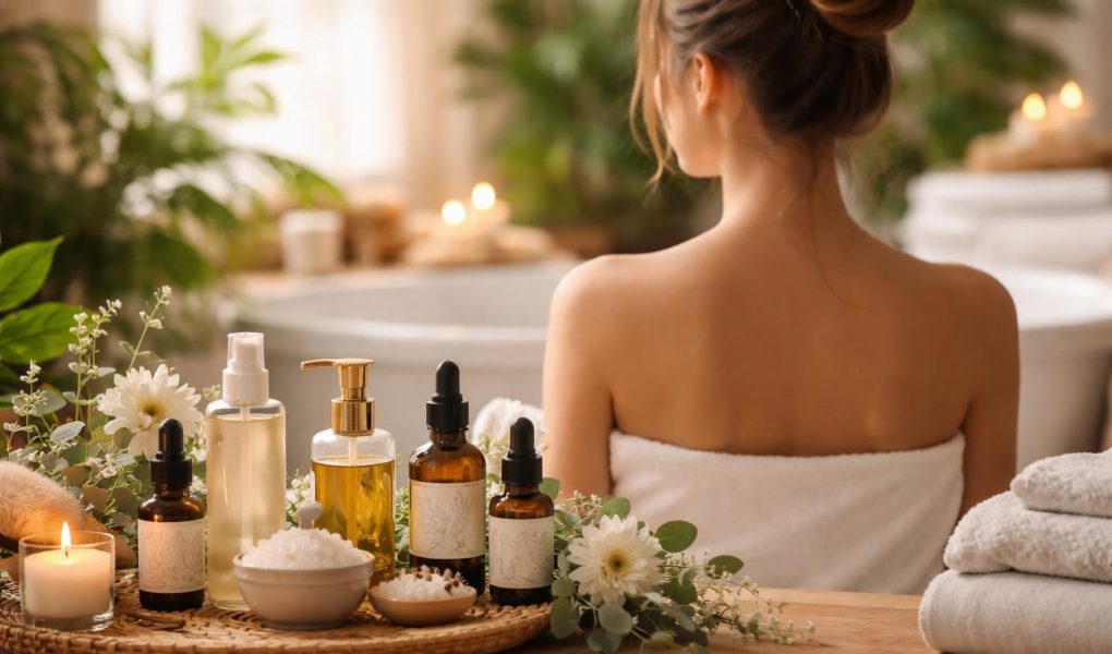femme-spa-huiles-plantes-serviettes