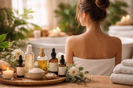 femme-spa-huiles-plantes-serviettes