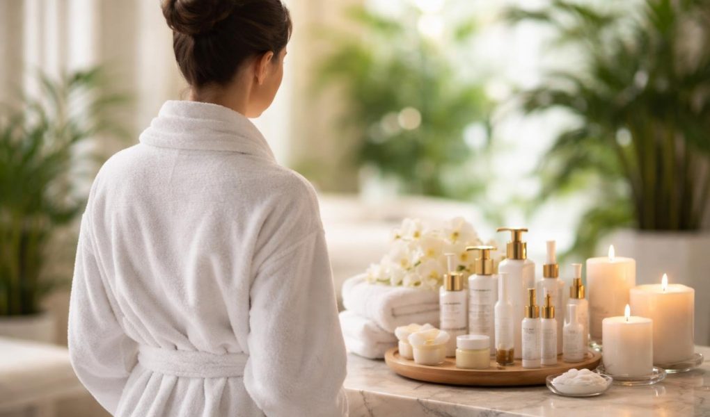personne-peignoir-spa-bouteilles-soins