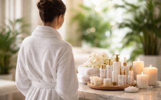 personne-peignoir-spa-bouteilles-soins