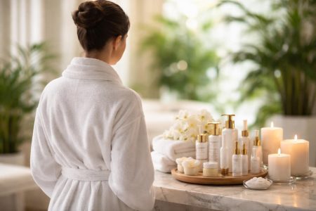 personne-peignoir-spa-bouteilles-soins