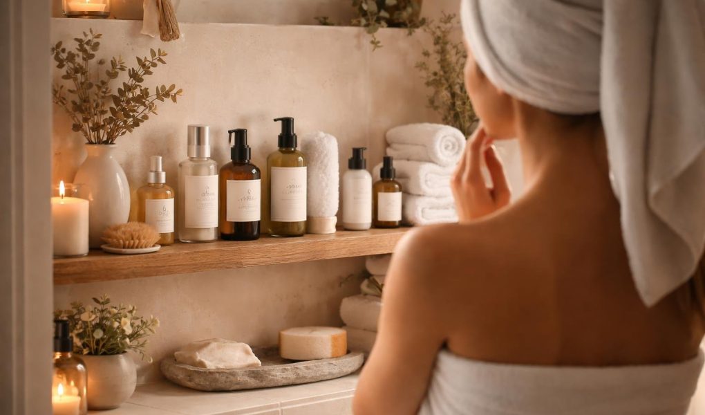 femme-serviette-salle-bain-produits-soin