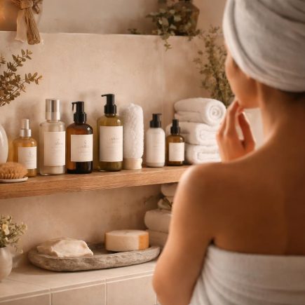 femme-serviette-salle-bain-produits-soin