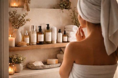 femme-serviette-salle-bain-produits-soin