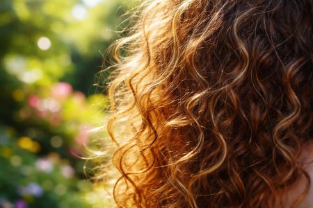 cheveux-boucles-reflets-dores-jardin