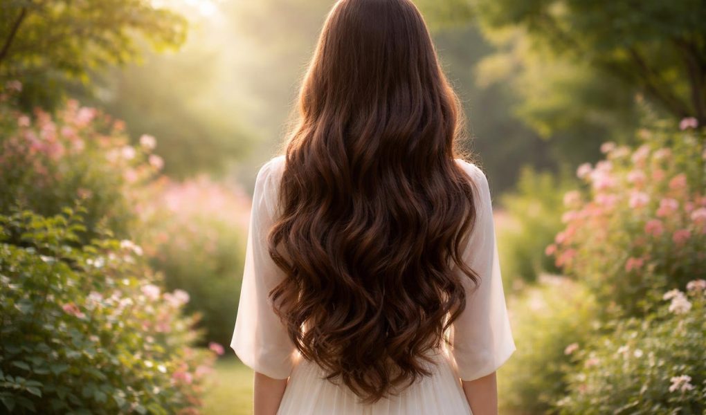 personne-dos-cheveux-longs-jardin-verdoyant