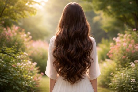 personne-dos-cheveux-longs-jardin-verdoyant